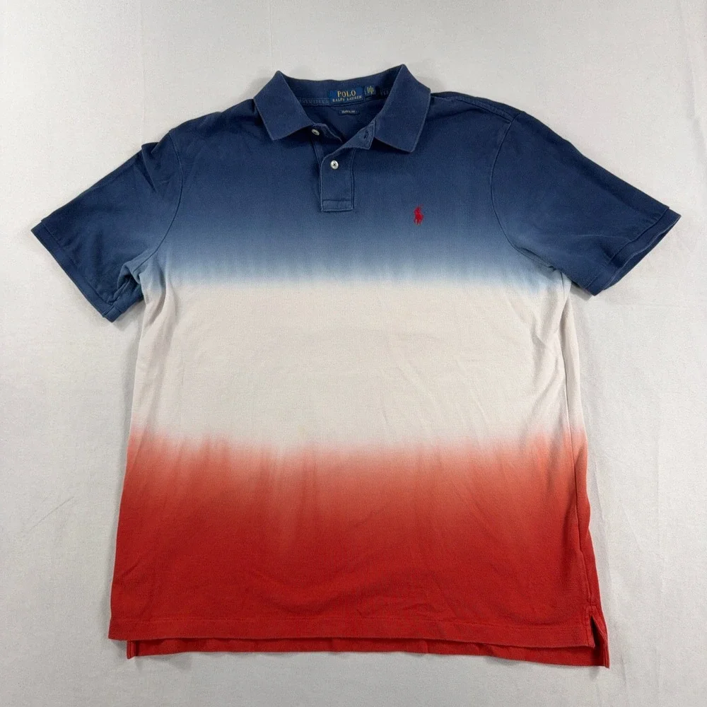 Polo Ralph Lauren Polo Shirt Red White Blue Ombre Dip Dye Mens Large